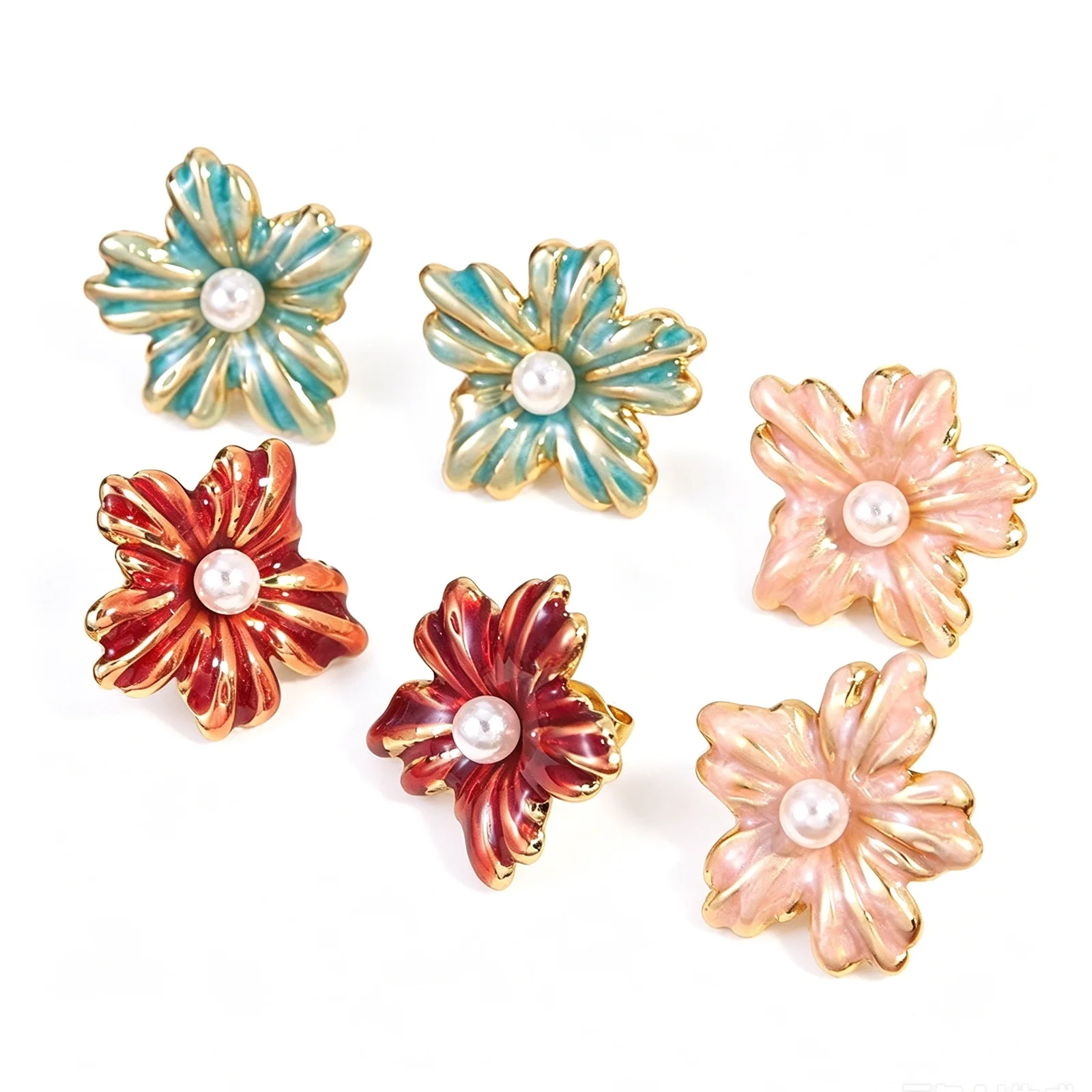 1Pair Elegant Flower Multicolor Enamel Ear Post Stud Earrings Gold Plated Stainless Steel Imitation Pearl Fashion Ear Jewelry