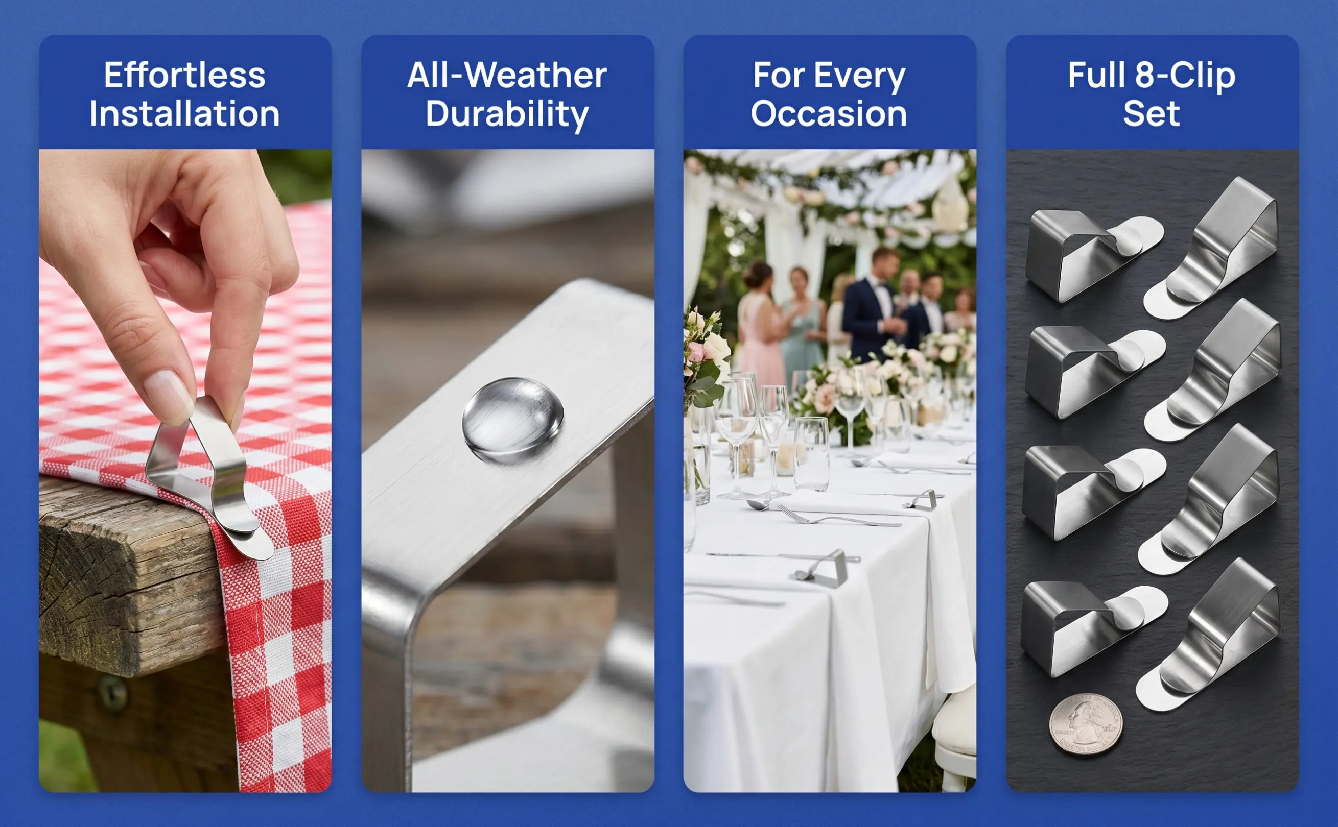 8Pcs Stainless Steel Trapezoidal Tablecloth Clips One-Piece Heavy Duty Table Cloth Holders for Picnic Outdoor Table Skirt Fixers