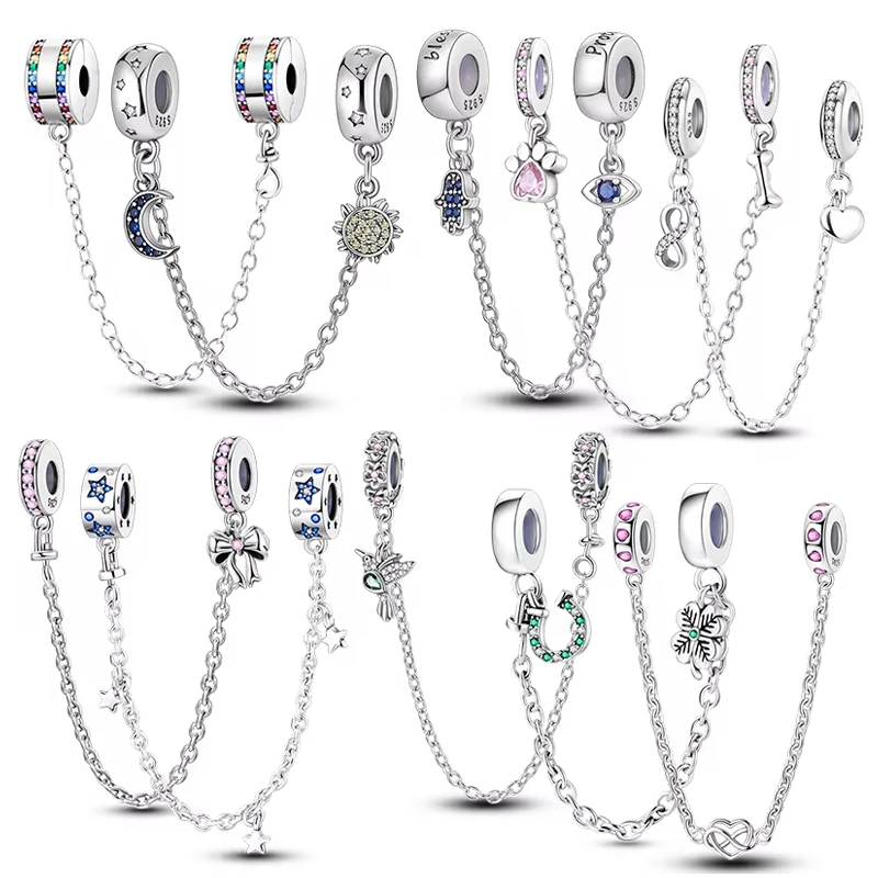 

Original 925 Sterling Silver Safety Chain Star Moon Sun Heart Bowknot Silicone Clip Charm Fit Original Bracelet DIY Jewelry Gift