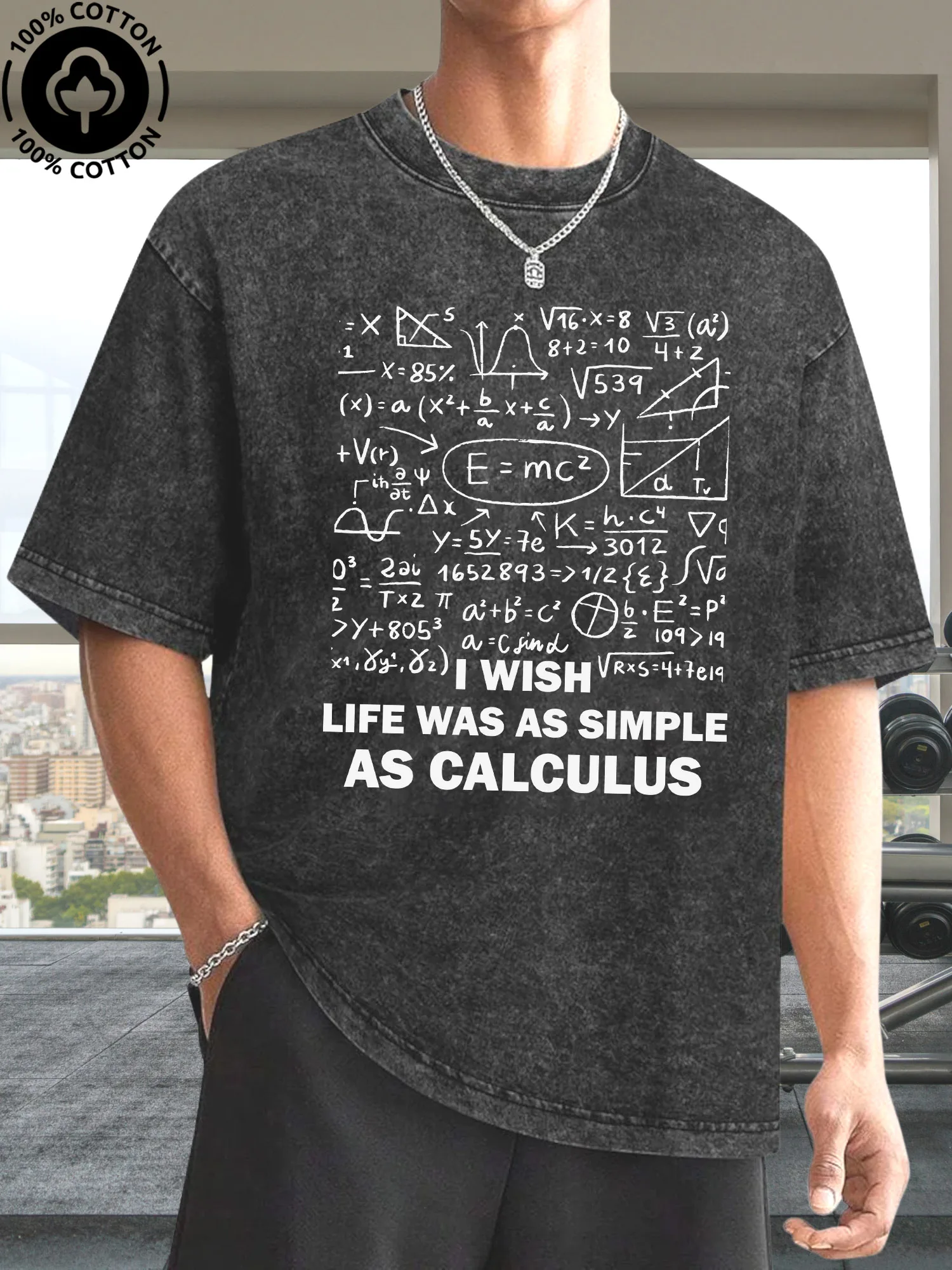 

Wish Life Was As Simple As Calculus Men's Graphic Tee, 100% Cotton Vintage Black T-Shirt, Retro Street Acid Washed Tee