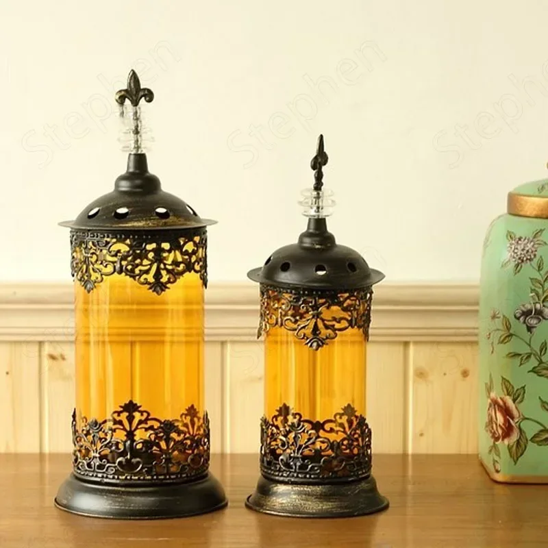 

Moroccan European Candelabra Vintage Classical Bronze Wrought Iron Glass Candle Holder Wedding Decoration Table Centerpieces