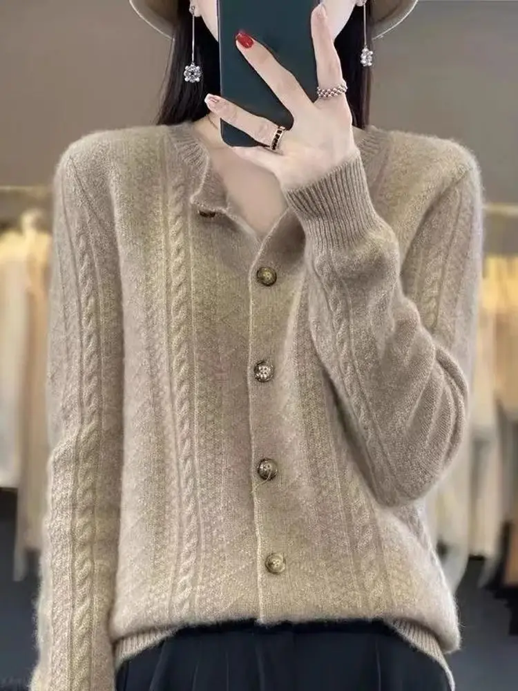 Fashionable Knitted Sweater Coat Women's Spring Autumn Loose Twist Pure Color Top round Neck Open Cardigan Stylish Commute Style