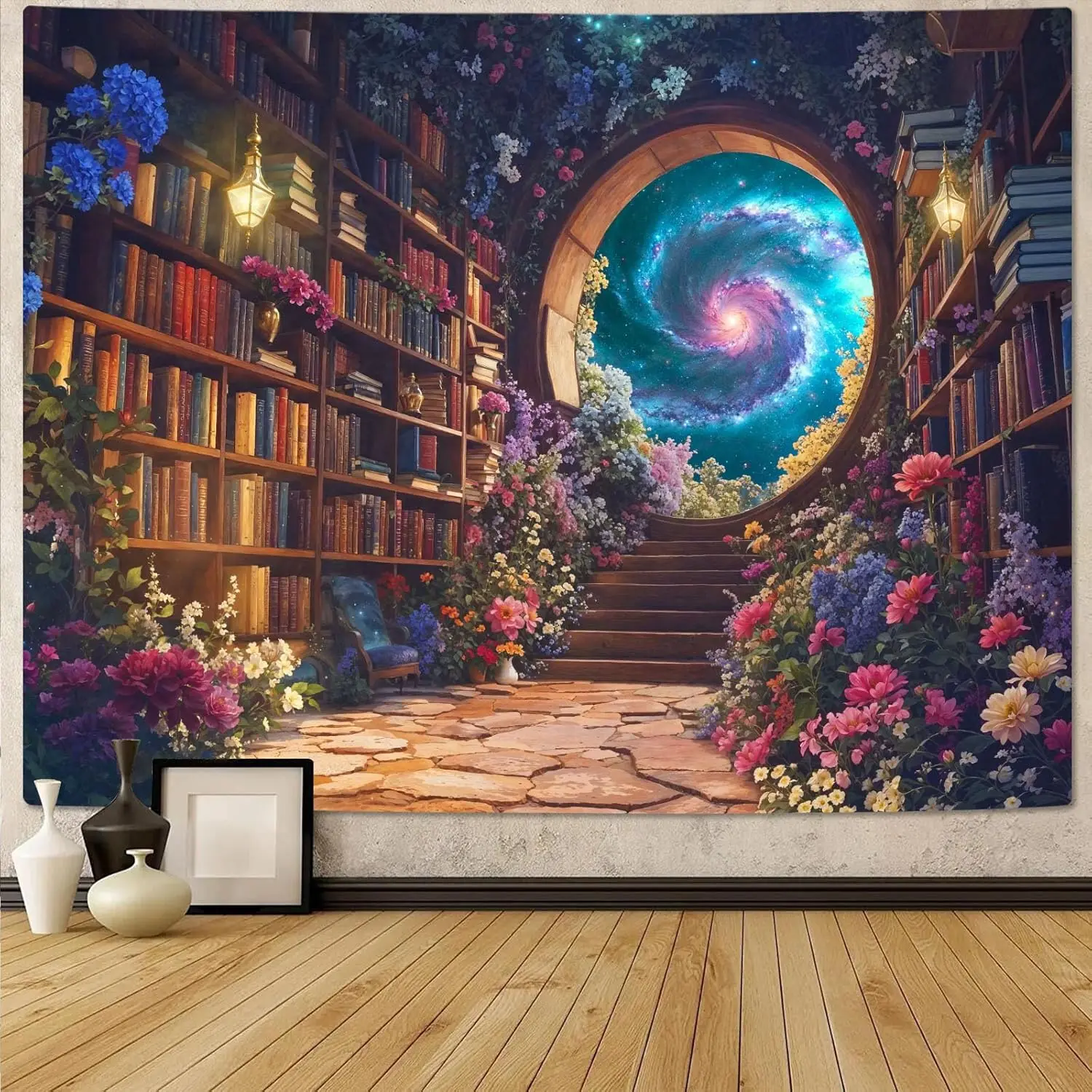 Aesthetic Fantasy Library Tapestry Wall Decor Botanical Floral Portal Bookshelf Reading Room Magic Galaxy Mural Boho Living Room