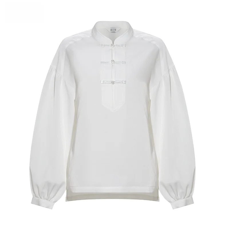 

Elegant Loose Long Sleeve White Shirt Stand Collar Button Design Vintage Style Women's Fashion Polyester Blend Spring 2026