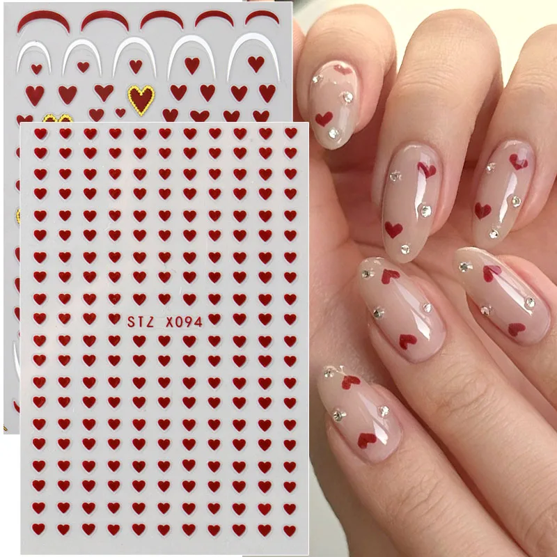 2pcs Mini Love Heart Nail Art Sticker Decals Cute Valentine Designs 3D Adhesive Slider Simple French Manicure Decoration Tips