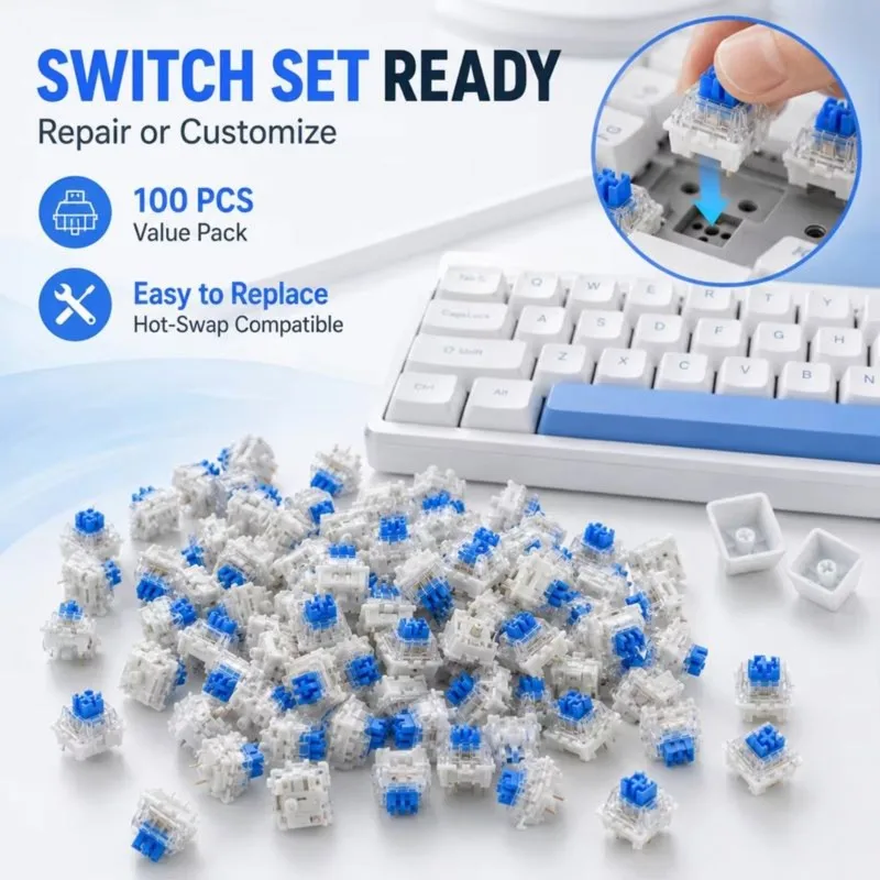 DT21 100Pcs DIY Mechanical Keyboard Switches, Blue Tactile Clicker 3 Pin Dustproof for Gaming Keyboard Accessories