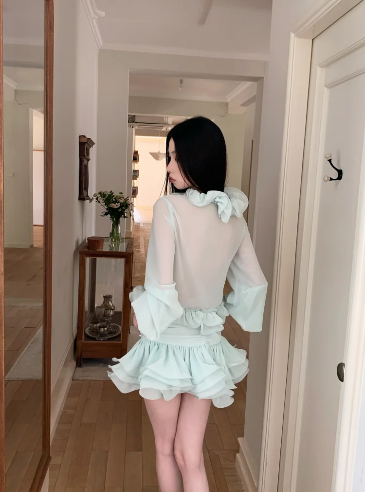 Dames retro mintgroen chiffon driedimensionaal gegolfd bloem geplooid slim fit vest speelse minirokset