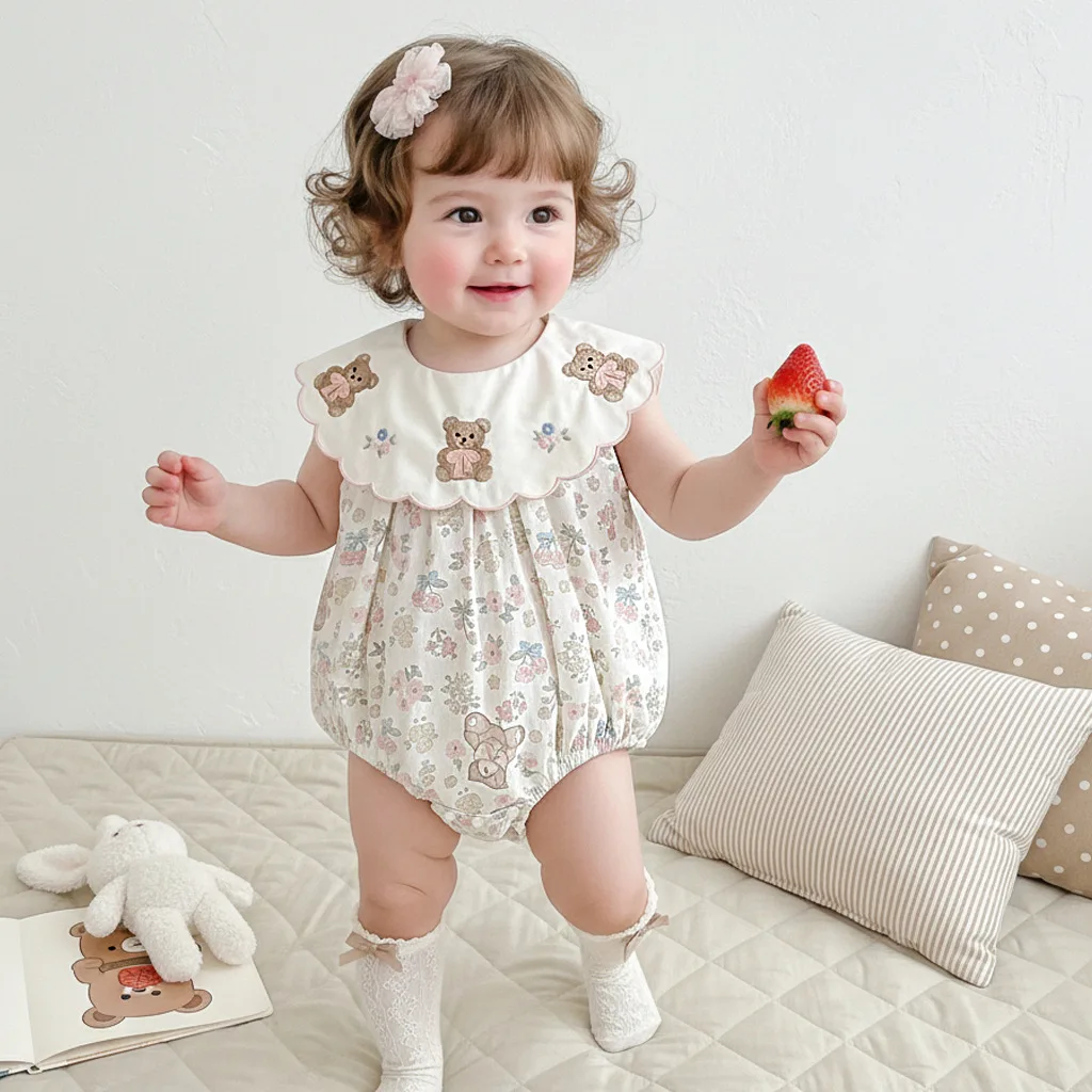 Girls' Floral Dress 2026 New Summer Baby Embroidered Bear Dress