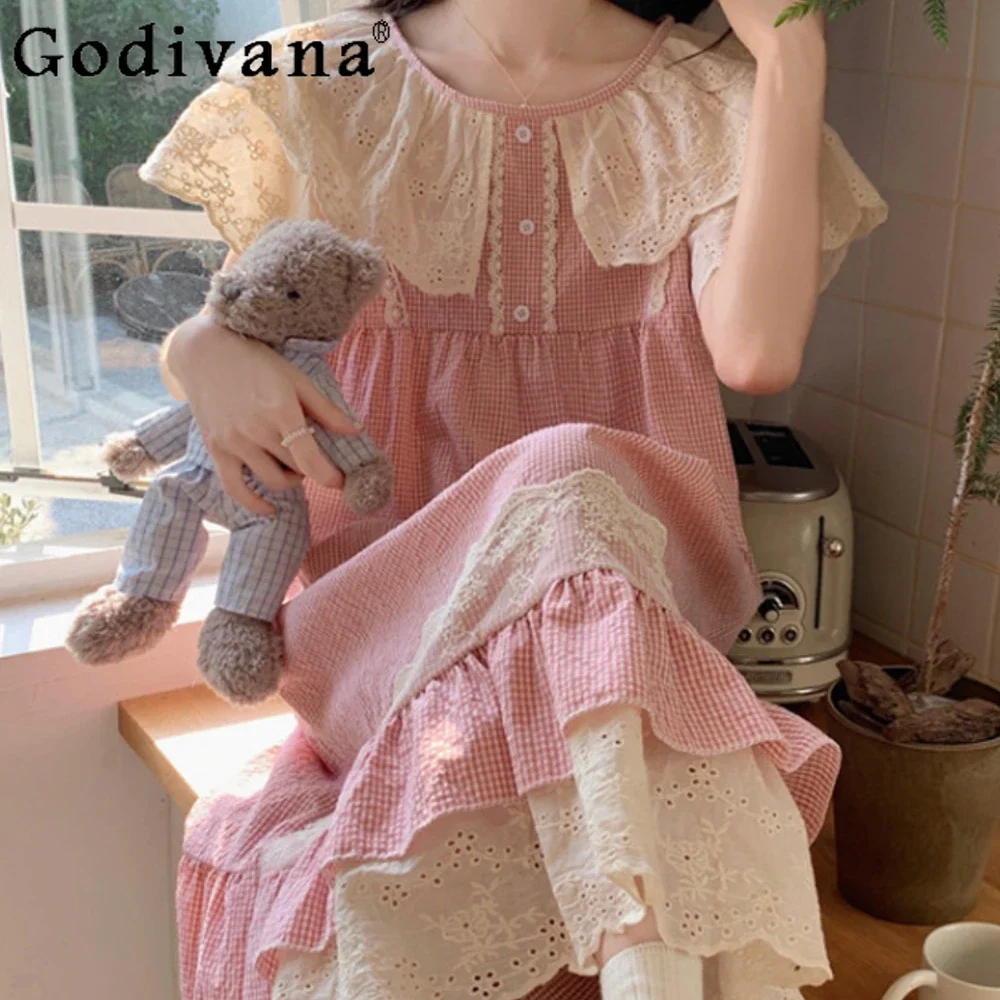 

Cotton Nightdress Women's Summer 2024 New Sweet Court Style Lace Loose Pajamas Casual Pyjama Pour Femme