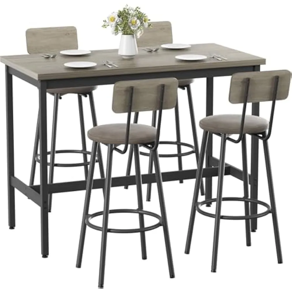 

47.2 in Long Bar Table Set with 4 PU Leather Bar Stools, Dining Table and Chair Sets, Industrial Tall Coffee Table and Back Chai