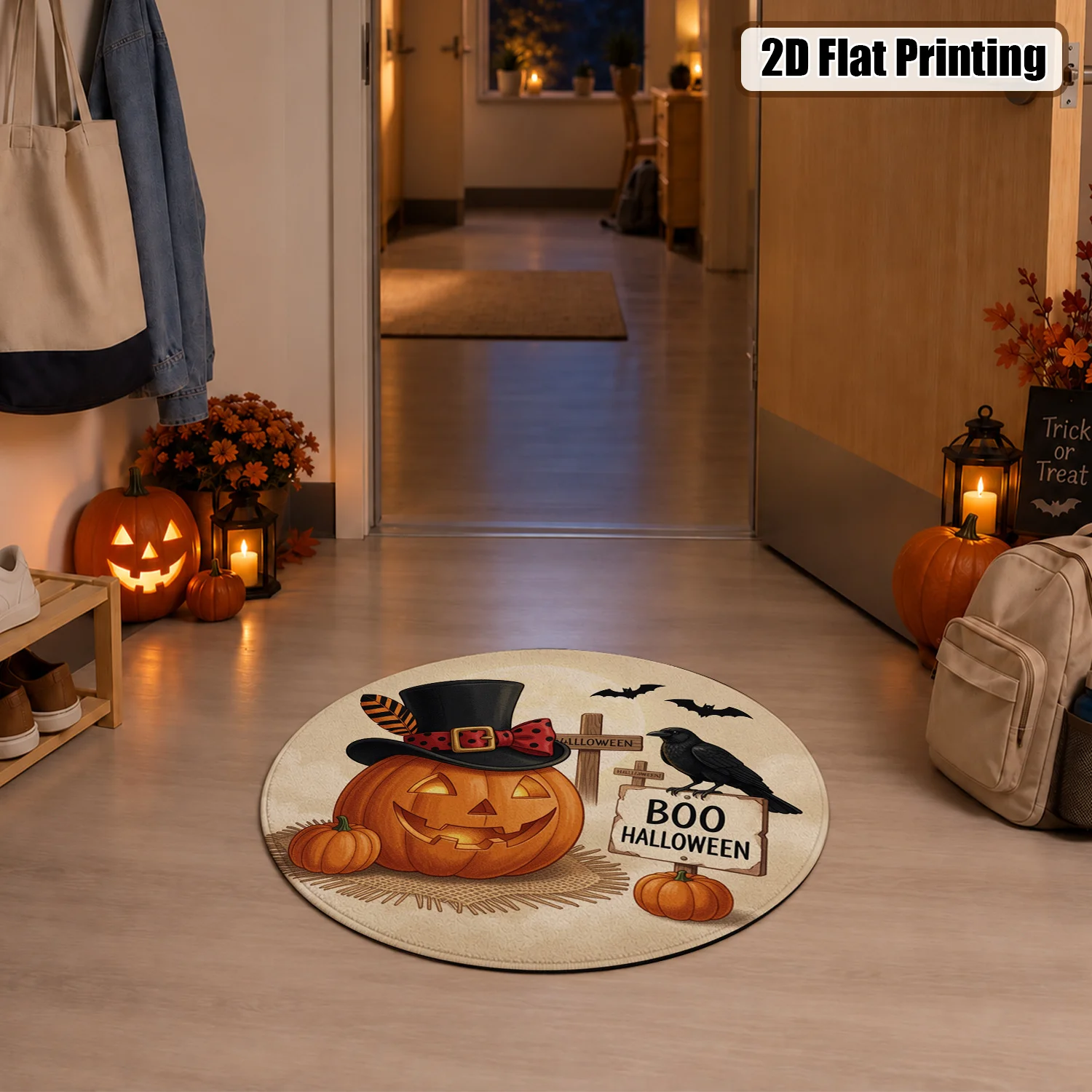 Halloween Jack-O-Lantern Crow Bat Pattern Round Velvet Rug, Machine Washable, Stays Firmly In Position, Ideal For Front Door, Entryway, Patio, Living Room, Perfect For Halloween, Thanksgiving, Christmas, New Year, Black Friday, Cyber Monday Decor