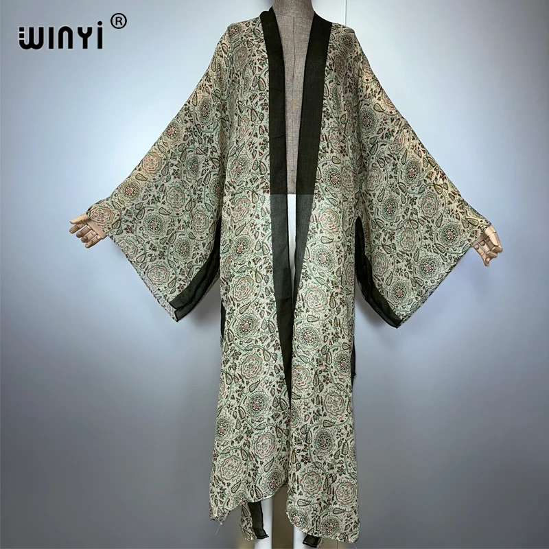 WINYI bohemian พิมพ์กิโมโน elegant kaftan beachwear maxi เสื้อสเวตเตอร์ถักชุดยาว abaya ดูไบหรูหรา cover-ups ชุดชายหาดผู้หญิง