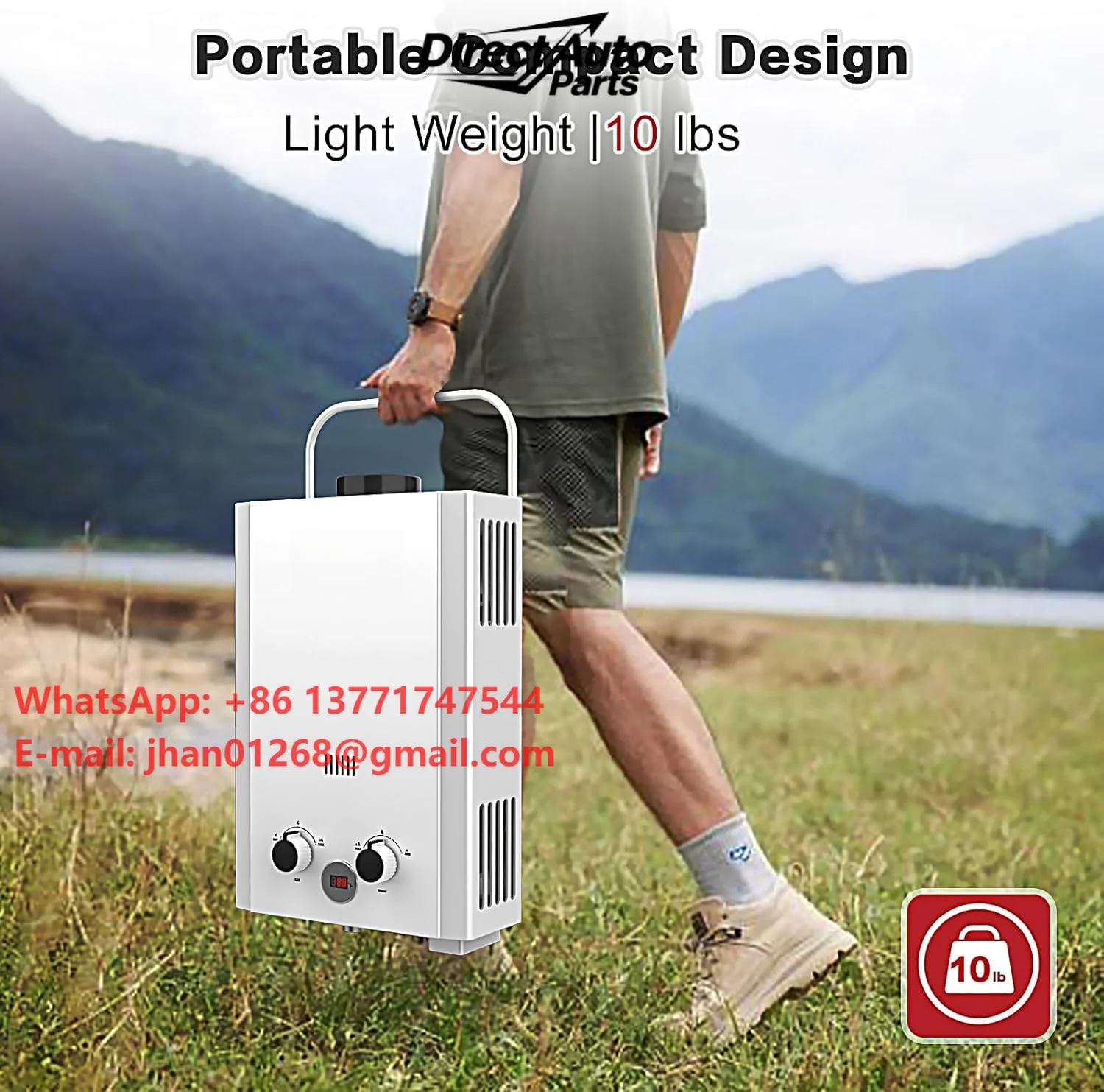 Propane Tankless Water Heater with Handle & Overheating Protection, Instant Hot Water for RV Camping, Outdoor Shower, White