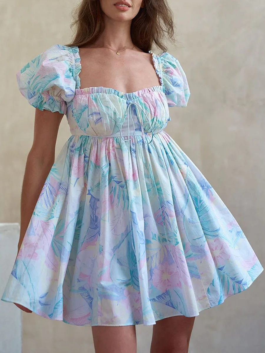 

Women Sweet Floral Print A-line Dress Summer Short Puff Sleeve Tie-Up Front Cute Short Babydoll Dresses for Party Beach Vacation