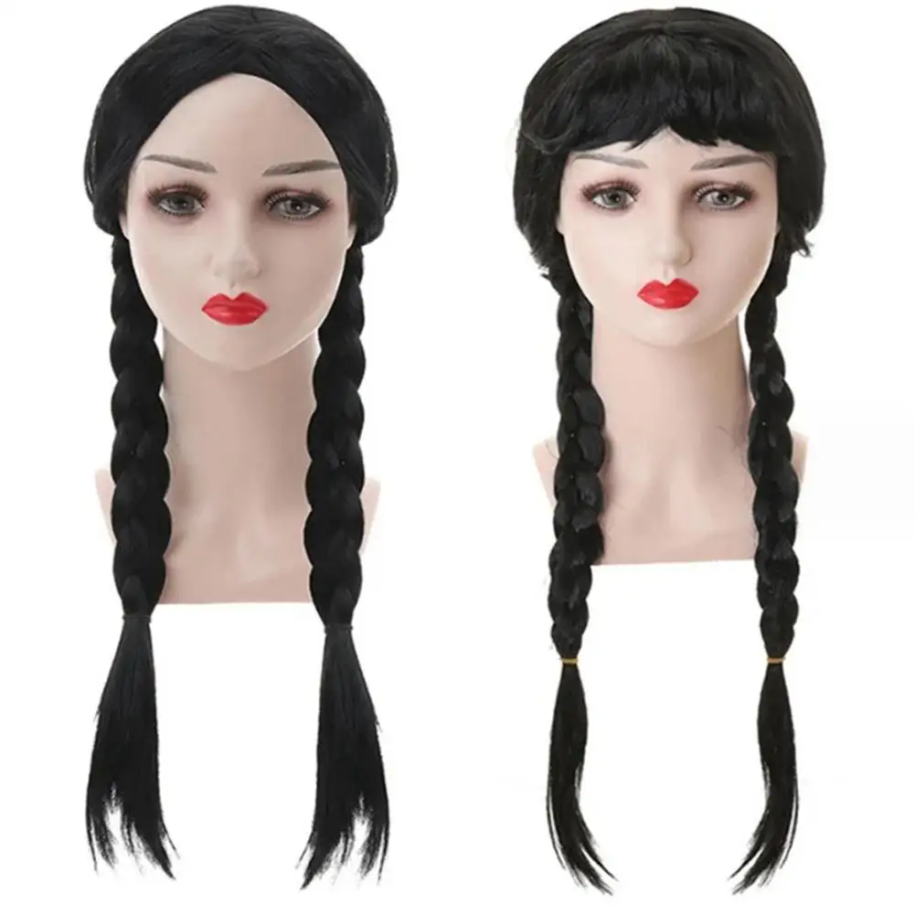 NEW Braided Black Wig Synthetic Addams Black Braided Pigtail Wig Braids Halloween Costume Compatible with Wednesday Addams Wig