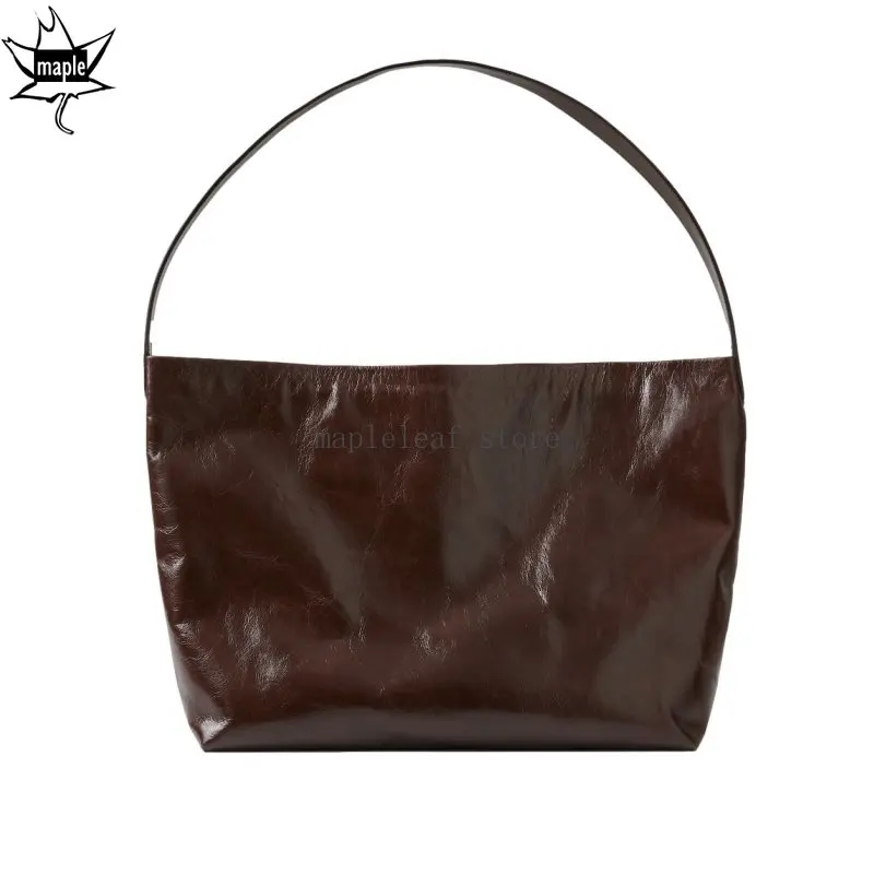 

Minimalism Vintage Designer Coffee Black Color Bucket Tote Large Capacity 47cmx36cm Oil Wax Cowhide Leather Women Handbag