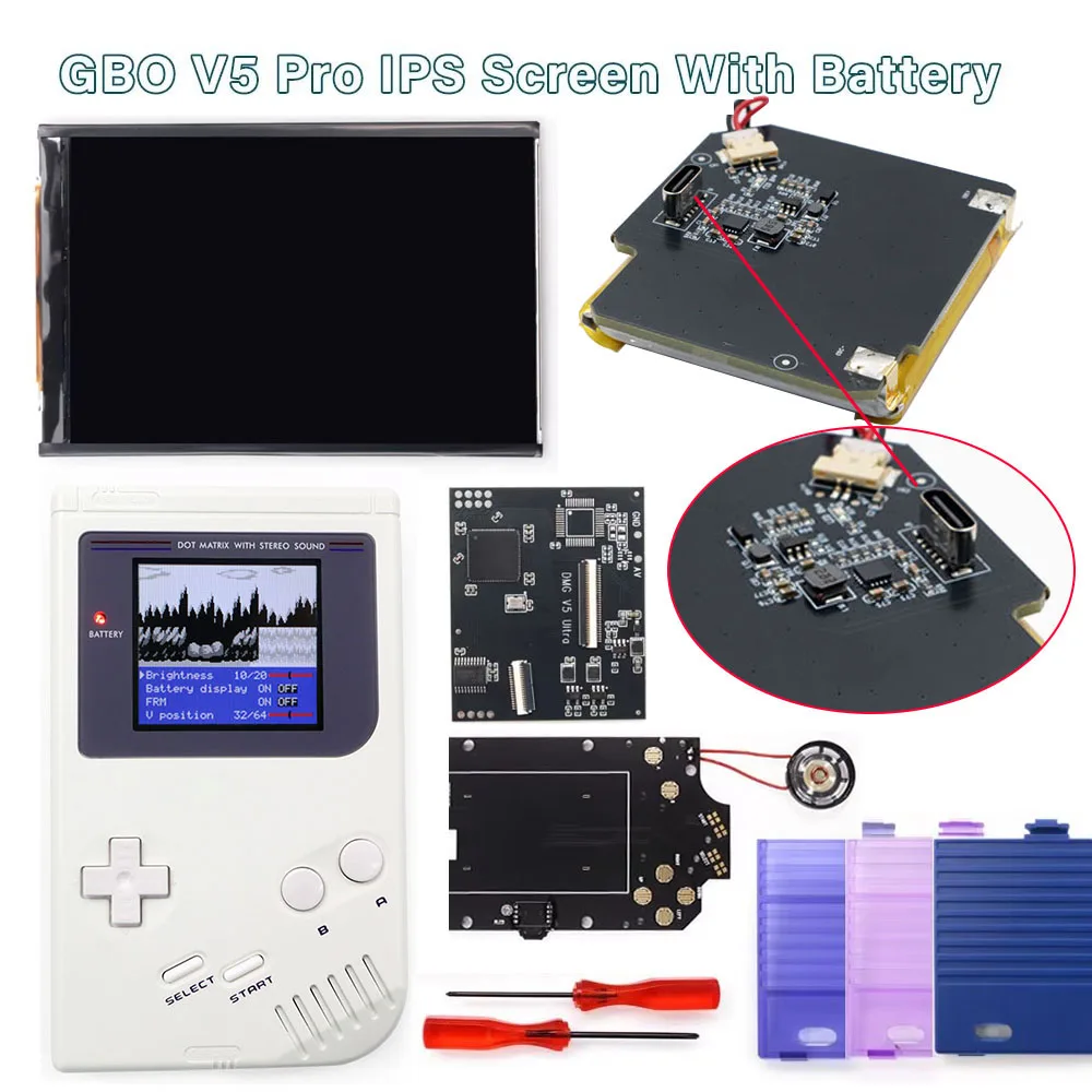 

HISPEEDIDO For GameBoy GB DMG IPS V5 LCD Blacklight Screen Kit With TYPE-C USB-C Rechargeable Battery With Housing Shell