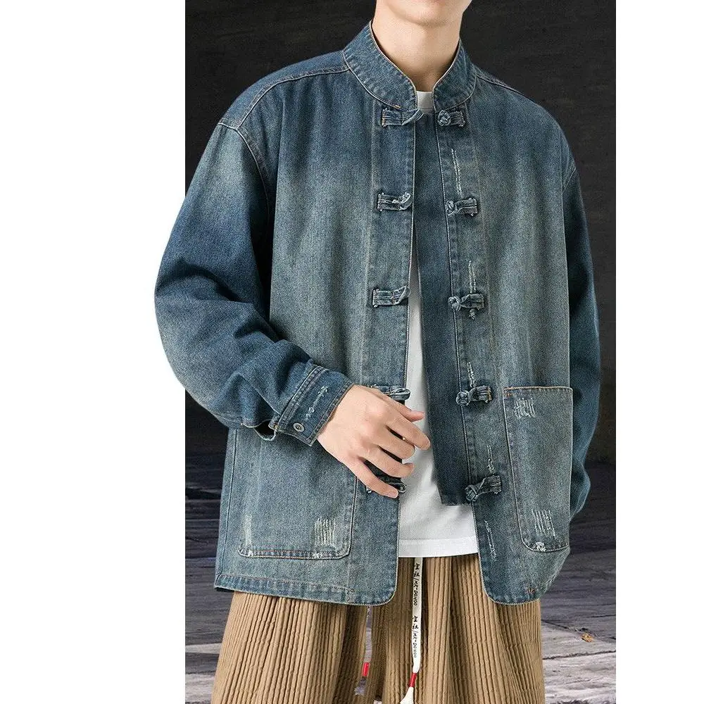 

Свободная повседневная джинсовая мужская куртка на пуговицах в стиле ретро в китайском стиле для подростков, осеннее новое поступление
