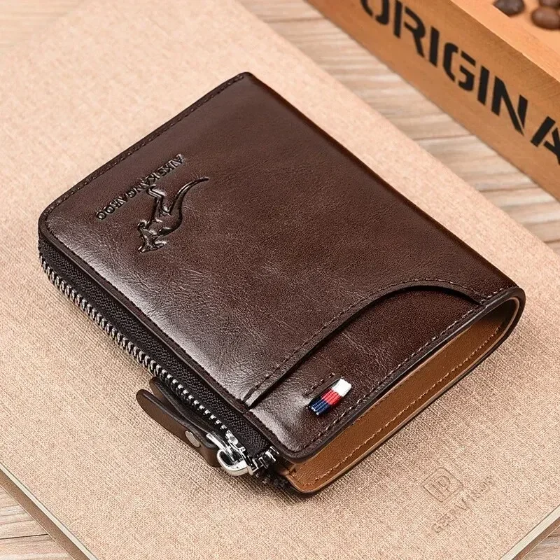 Cartera para hombre, tarjetero de cuero, monedero con cremallera, carteras de lujo para hombre, monederos con protección RFID, cartera Masculina de lujo