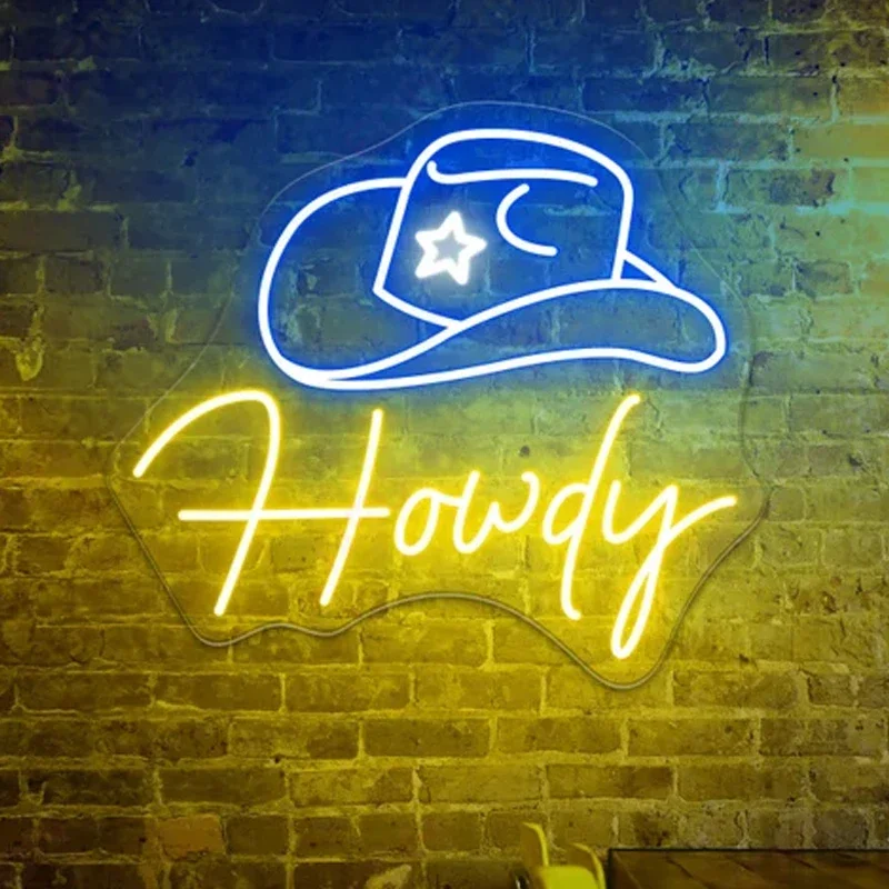 Howdy Neon Sign Hello Decoration Cowboy Hat Custom Neon Light Wall Decor Mexico Cowgirls Hat Neon Bedroom Decor