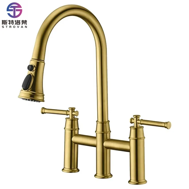 English Cottage Style Brass 3 Holes Dual Handle Bridge Kitchen Faucet Mixer with Pull Down Sprayer