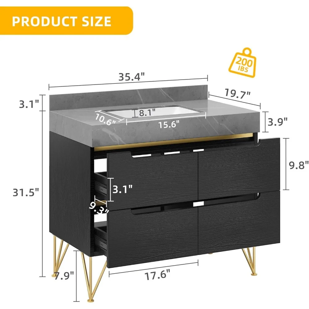 36 Inch Bathroom Vanity with Sink, Black Bathroom Cabinet with Grey Sintered Stone, 4 Drawers Soft Close System & 4 Metal Legs