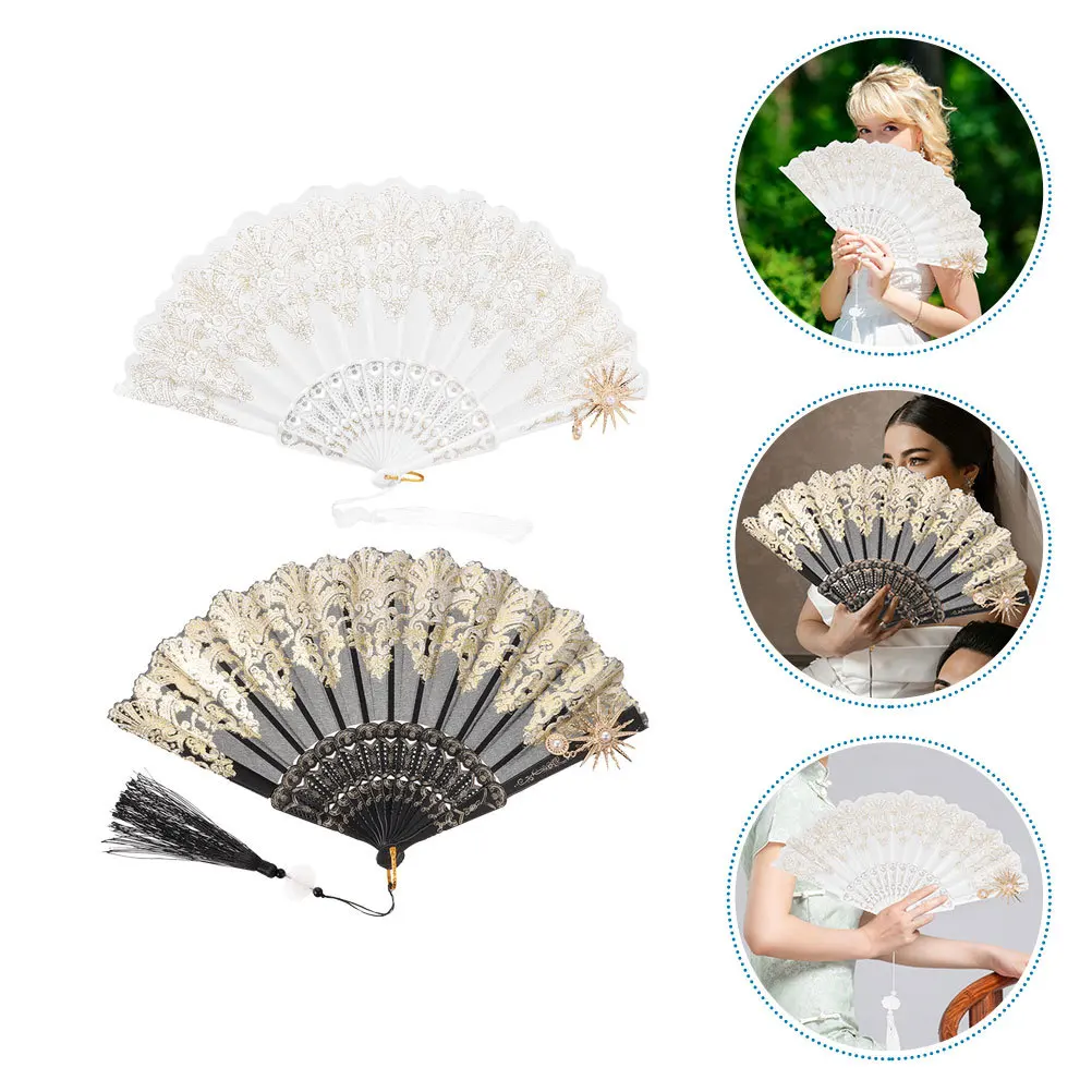 

2Pcs Folding Lace Fans Vintage Handheld Fan Lightweight Decorative Fan for Wedding Party Dancing Photography Cosplay