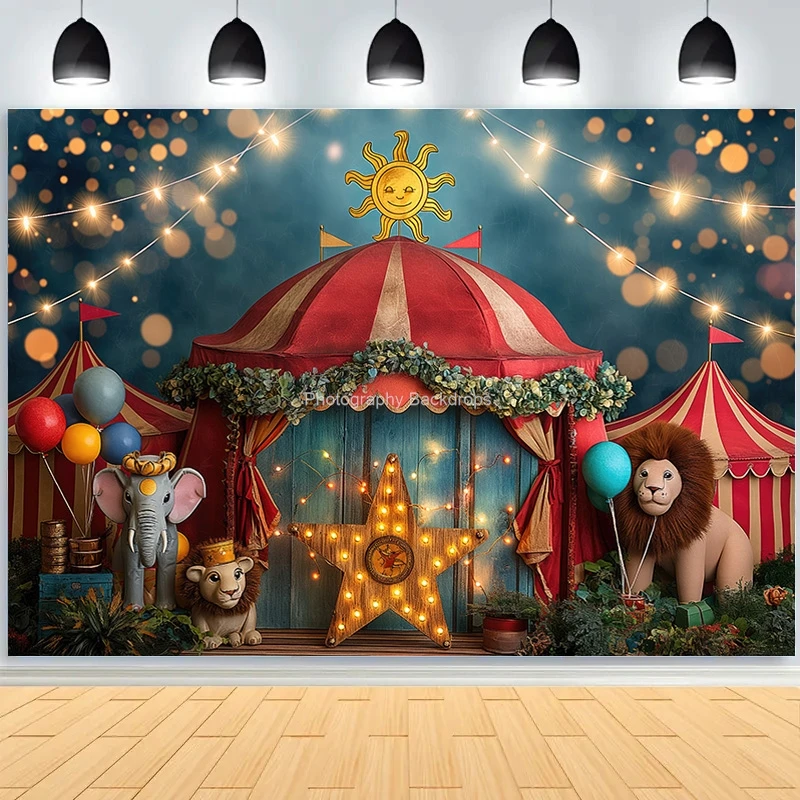 Circus Tent With Striped Canopy Popcorn Photography Backdrops Balloons Birthday Party Decor Animal Photo Studio Background SD-07