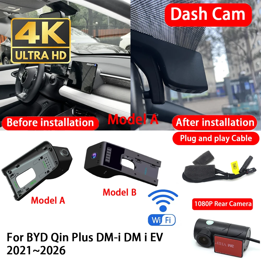 Cámara para Auto 4K con Wifi, Plug & Play, Grabación en Bucle, para BYD Qin Plus DM-i DM i EV 2021~2026, Grabación Delantera y Trasera