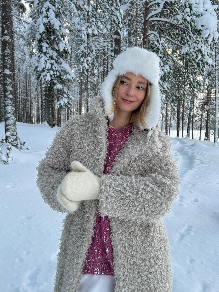 Gray Wool Faux Fur Shearling Long Coat for Women Winter 2025 Winter Fashion Trendy Teddy Maxi Coat Monki Curly Clean Fit Outwear