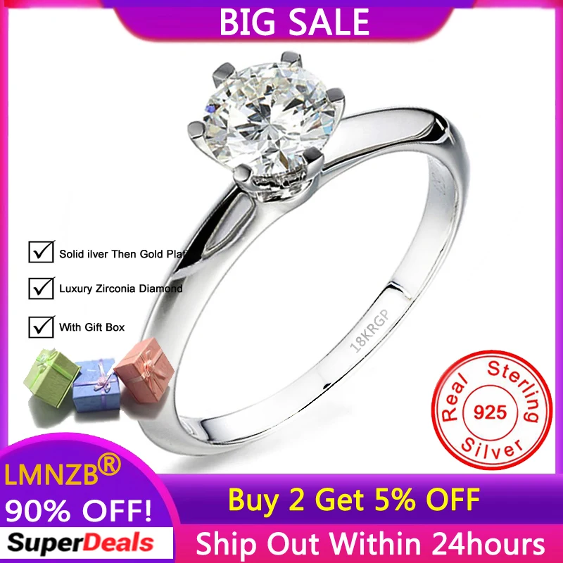 With Certificate 18K White Gold Filled Silver 925 Rings,Solitaire 1 Carat Zirconia Diamant Wedding Band for Women Gift Jewelry