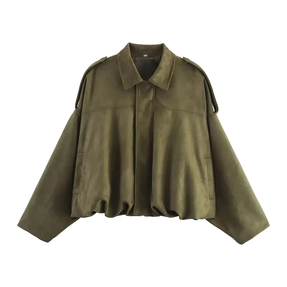 

Women's Bomber Lapel Long Sleeve Zipper Faux Suede s High Street Vintage Loose Cropped Coats Outerwear Chaquetas