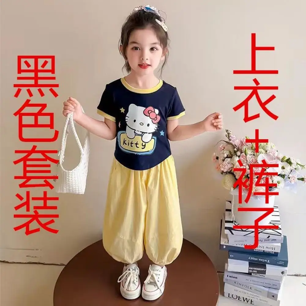 

Hello Kitty Kawaii Sanrio Ins футболка с короткими рукавами для девочек, брюки, летняя милая спортивная одежда, одежда для малышей, штаны от комаров, подарок