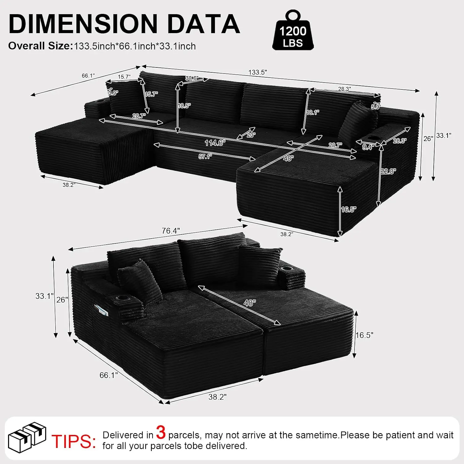134 Inch Modular Sectional Sofa Cloud Boneless Living Room, Customized