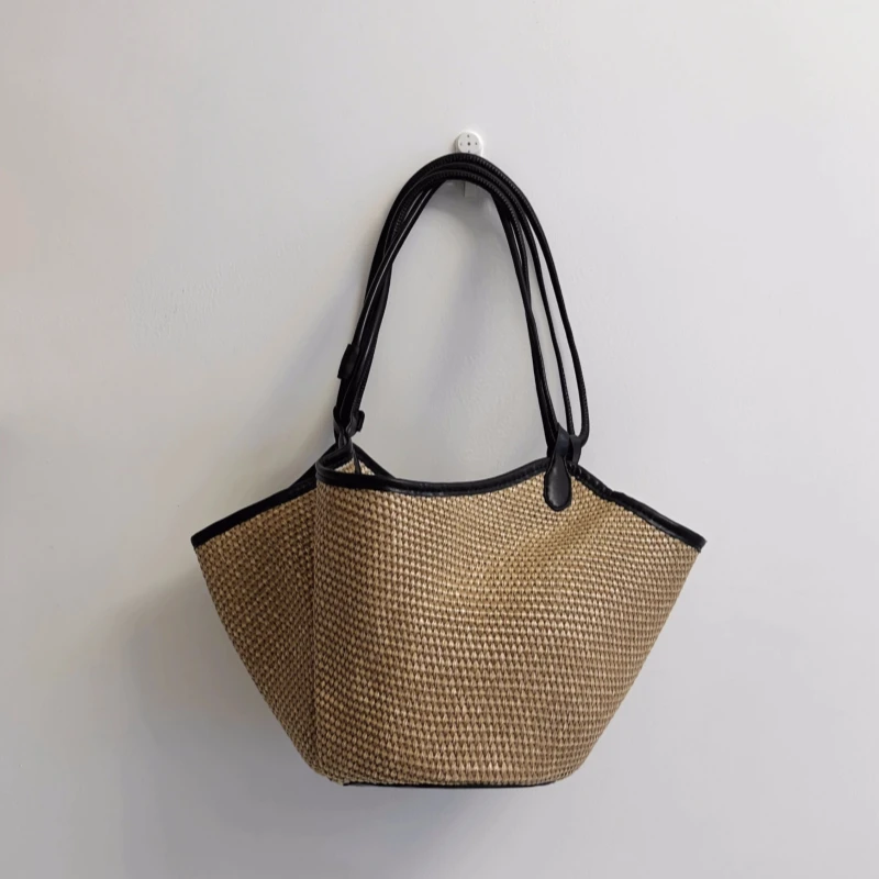 

Vintage French Romantic Braided Bucket Bag Design Women Summer Raffia Straw Bag Large Capacity Beach Handbag Seaside Beach Bag
