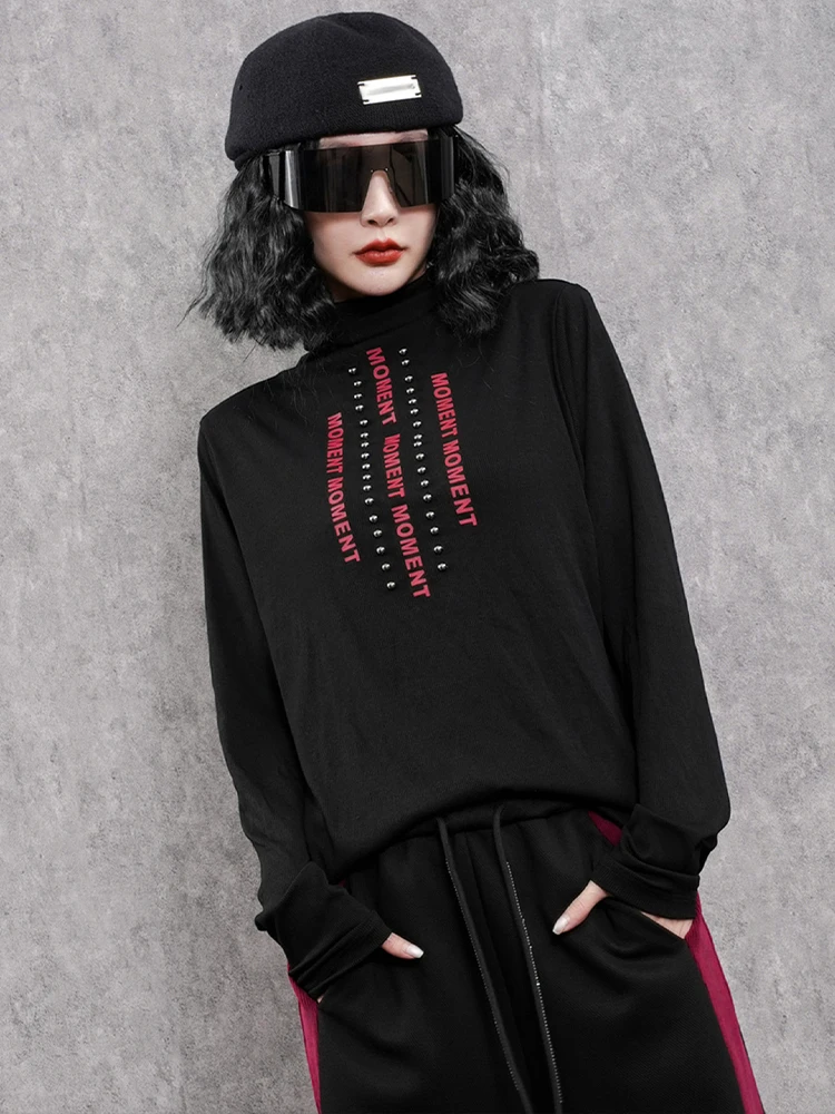 Max LuLu 2023 Winter Fashion Punk Clothes Womens Printed Pearl Loose Turtleneck Tshirts Ladies Casual Vintage Cotton Letter Tops