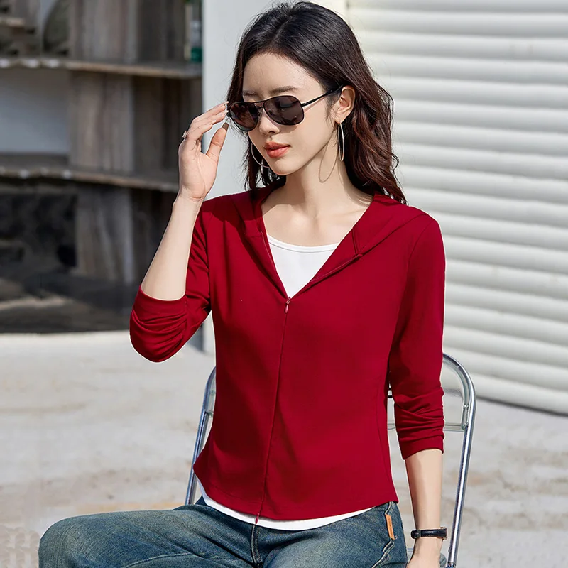 

New Women Zipper Hooded T-shirt Spring Autumn Fashion Long Sleeve Contrast Color Patchwork T-shirt Casual Slim Waist Hoodies