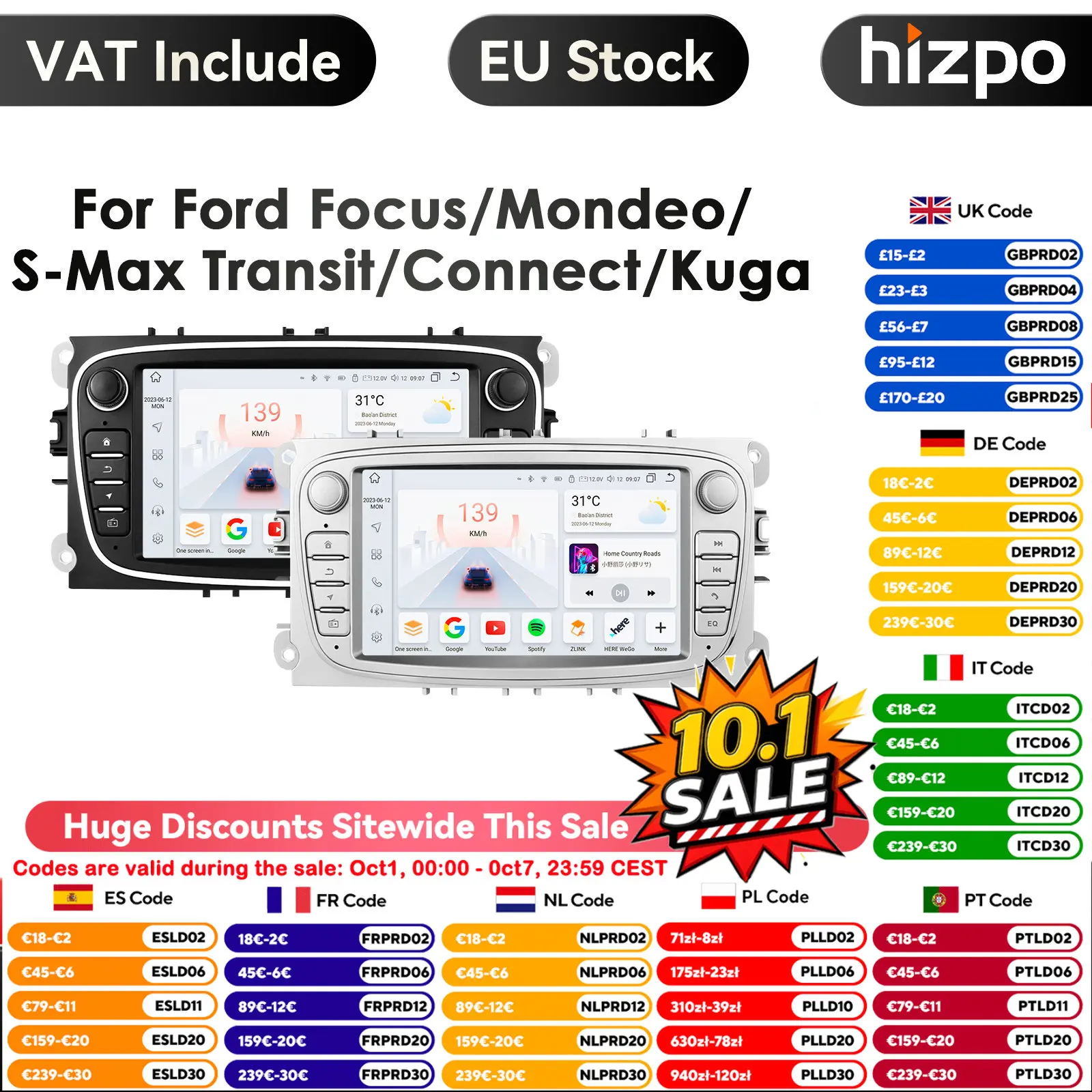 4G Android 14 2Din Radio Lettore multimediale per auto 2 Din 7 pollici Autoradio per Ford Focus S-Max Mondeo Galaxy C-Max Kuga Navi GPS RDS