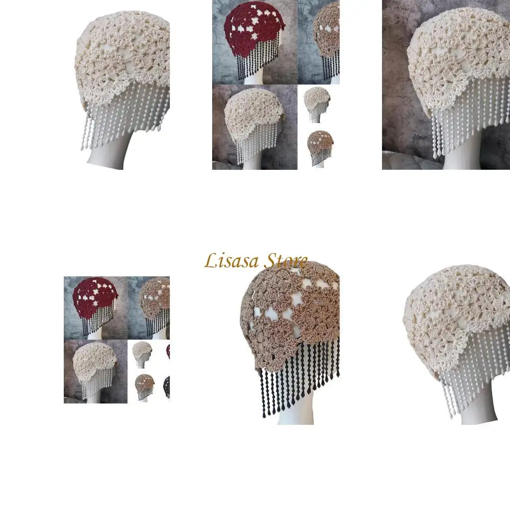 

M6CC Long Tassels Hat with Pearls for Stylish Women Fashionable Women's Hat with Pearls and Tassels Comfortable Yarn