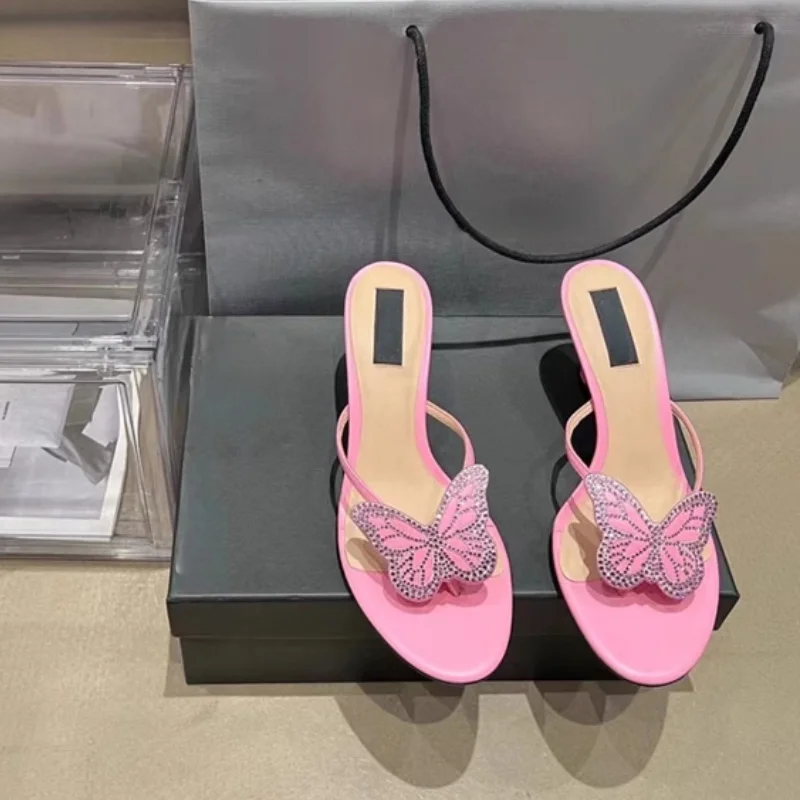 

Summer Rhinestone Butterfly Peep Toe Thin Heels Flipflops Women Luxury Brand High Heels Sandals Ladies Casual Outside Slippers