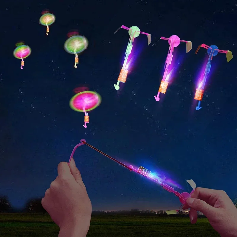 3Pcs/lot Rocket Slingshot Flying set with LED Light Shoot Glow Arrow Parachute Sky UFO Outdoor Night Game Toy Gift for Kid Child