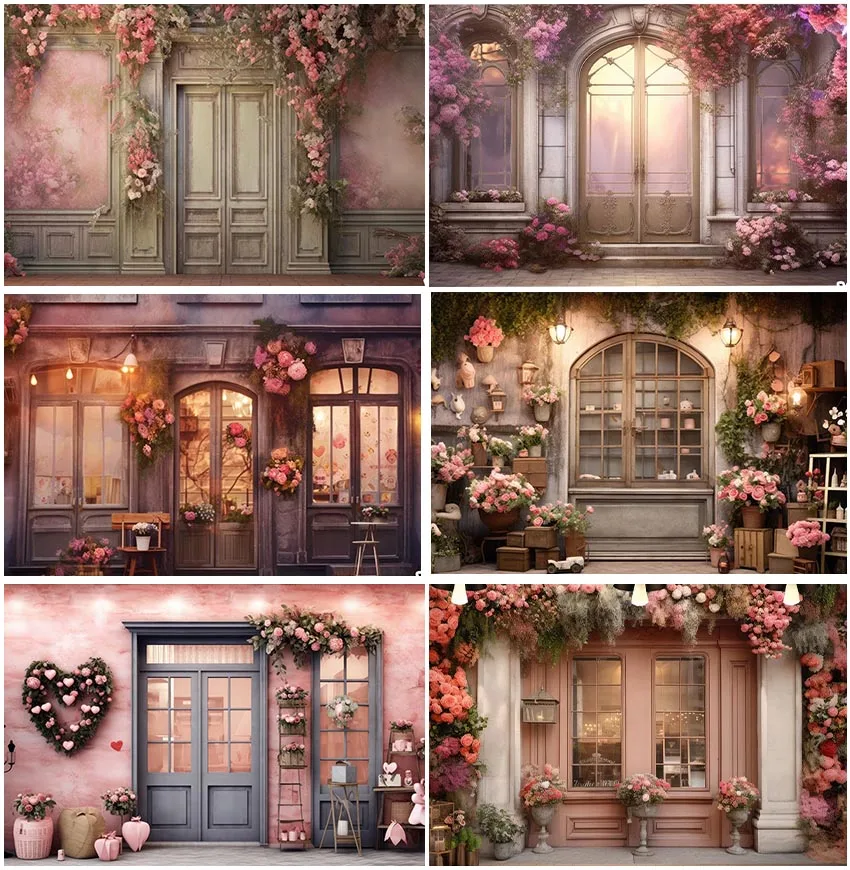 

Vintage Retro House Door Flowers Store Backgrounds Photographic Wedding Valentine's Day Decor Night Party Backdrops Photocall