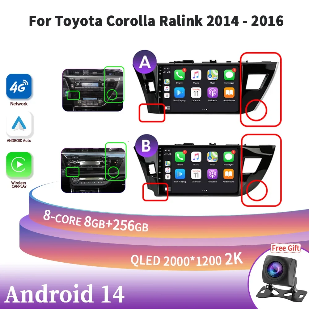 

A B For Toyota Corolla Ralink 2014-2016 Auto Radio Multimedia Navigation GPS Android 14 Wireless Carplay Stereo 2Din Head Unit