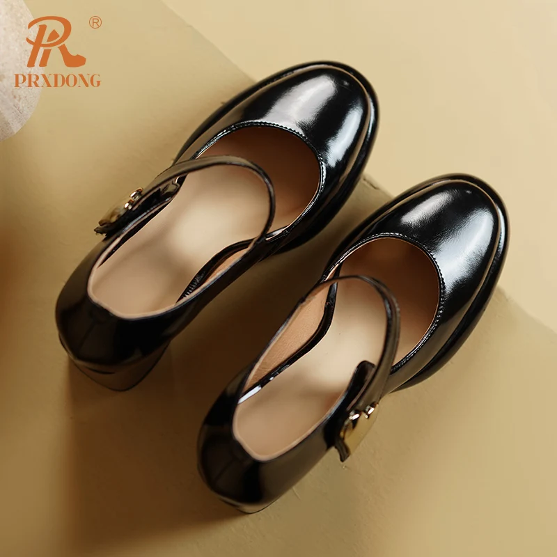 PRXDONG 2024 New Spring Genuine Leather High Heels Platform Black Wine Red Retro Mary Janes Dress Party Lady Pumps Rozmiar 34-39