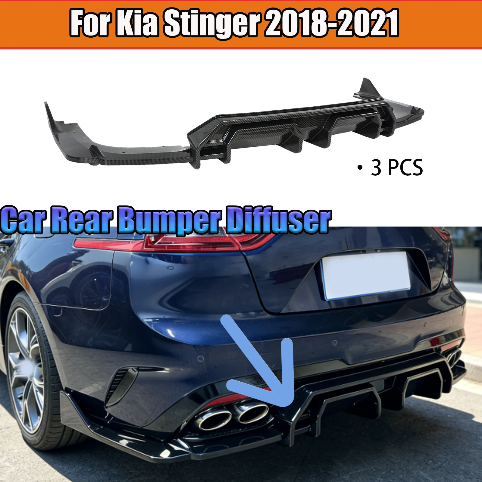 Ad Style Auto-Heckdiffusor Zubehör für Kia Stinger 2018-2021 Hochglanz Schwarz Carbon-Optik ABS-Kunststoffteile