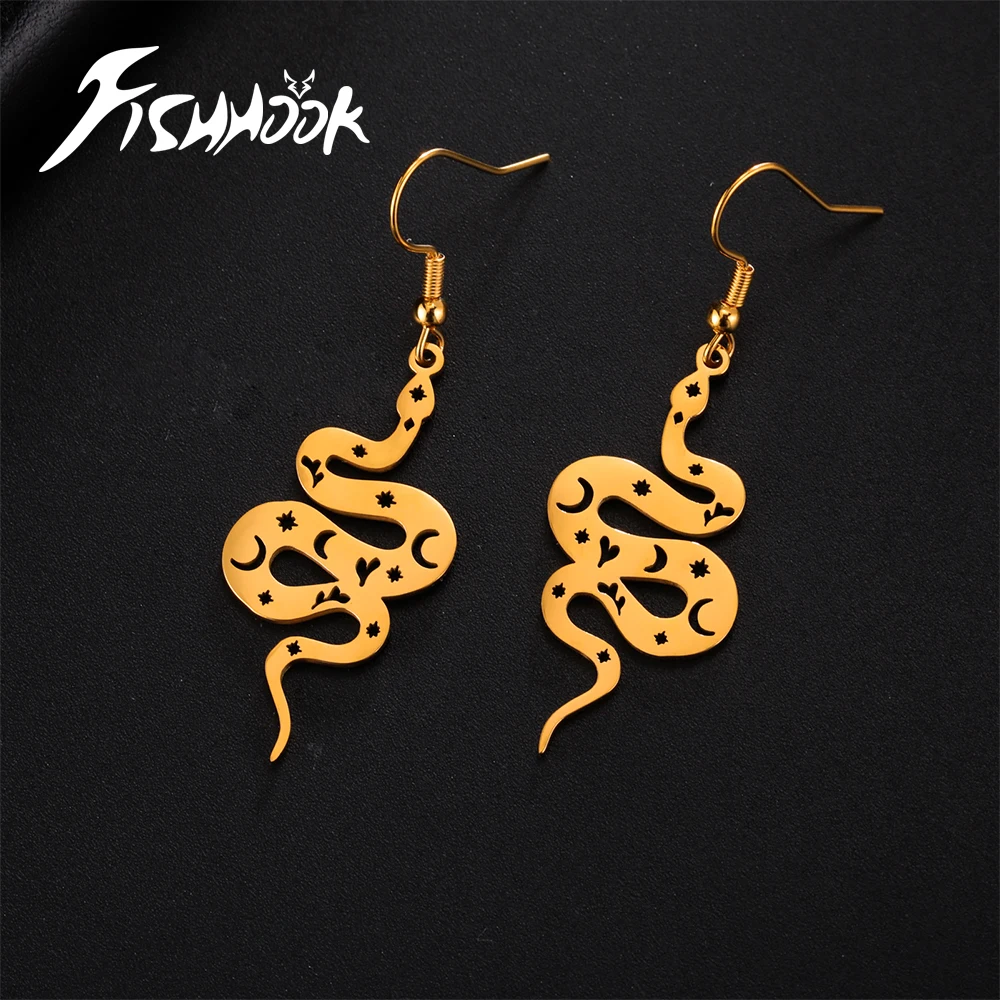 Fishhook Snake Ear Stud Drop Earring Dangle Hook Supernatural Gift For Women Girl Man Gold Color Stainless Steel Fashion Jewelry