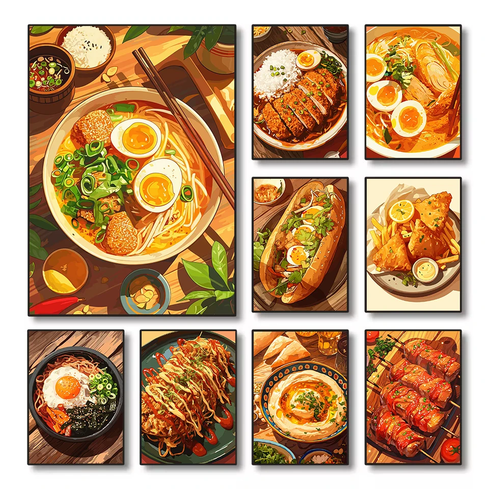 Póster de lienzo con diseño de comida japonesa, Katsu, Curry, ensalada, Ramen, arte de pared, decoración del hogar