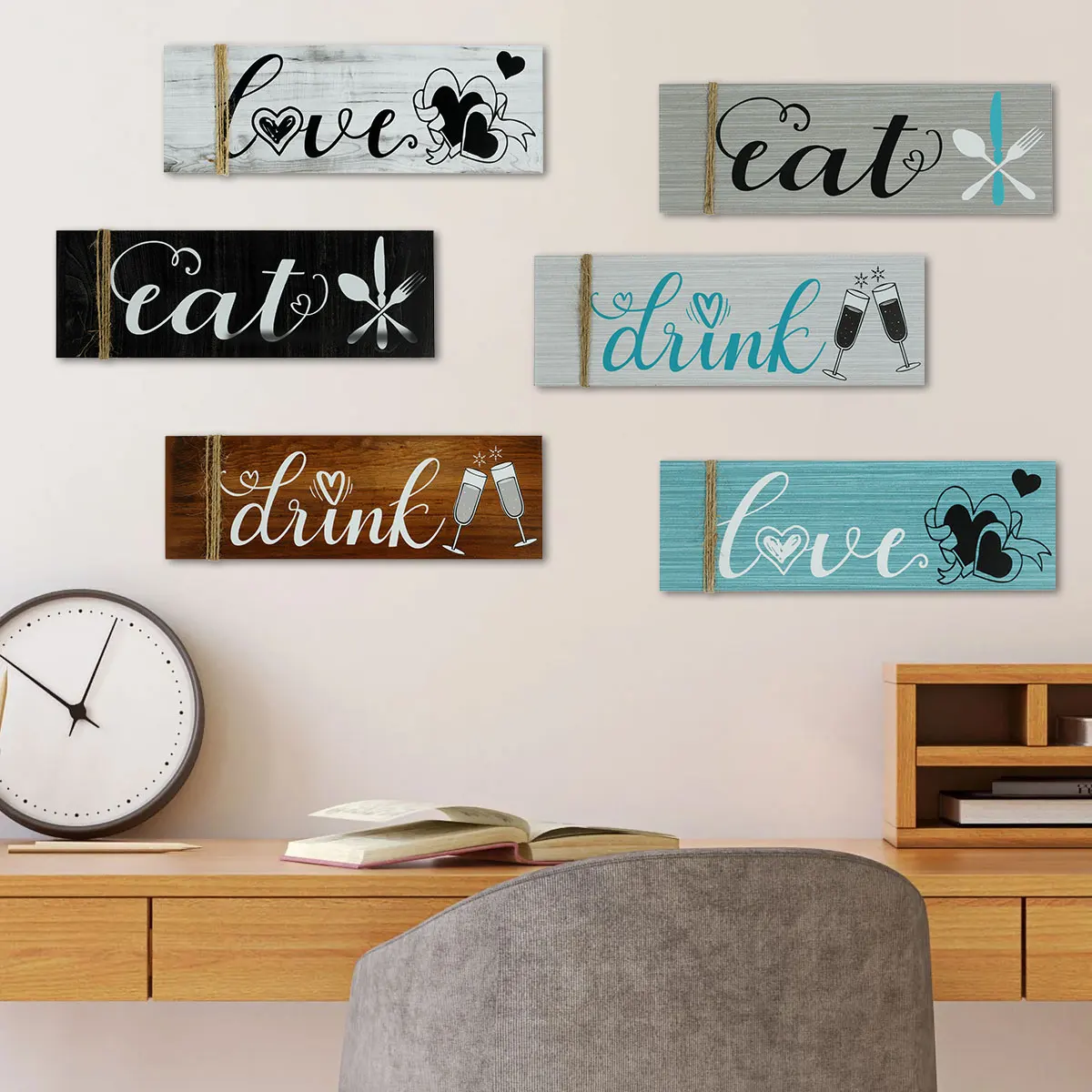 3 Pcs Wooden Wall Art Signs Rustic Wooden Eat Drink Love Wood Sign Decorative Kitchen Signs Wall Decor Wood Wall Hanging Plaque