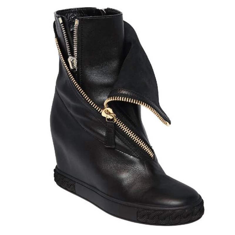 Roman Double Zipper Opening Cow Leather Middle Boots Inner Wedge Increasing Round Toe Woman Winter Boots Shoes