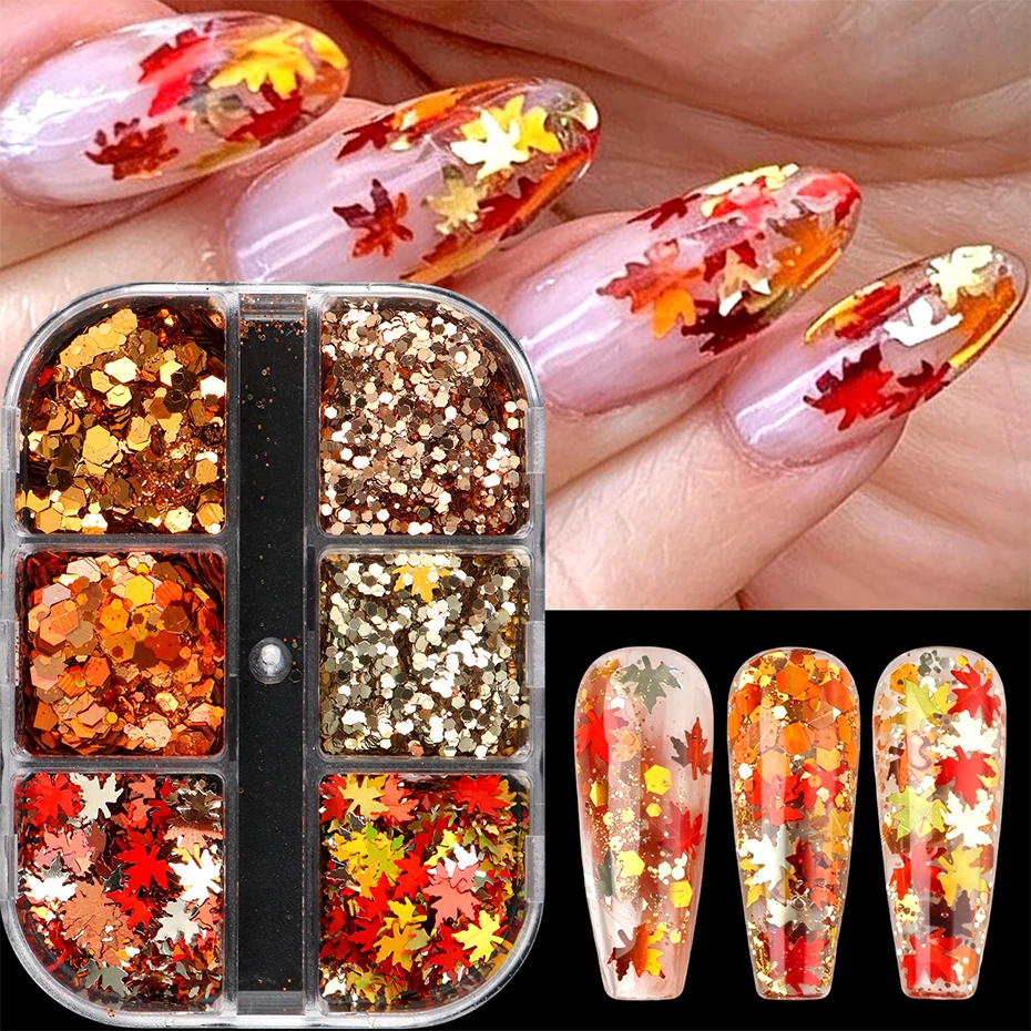 6 Grids Fall Nail Glitter Sequins Maple Leaf Autumn Nail Art Flakes Orange Gold Red Metallic Decorations Thanksgiving Manicure